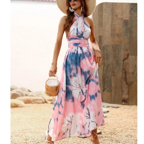 Multicolor Boho Womens Tie Dye Backless Shirred Halter Dress - Picture 4 of 7